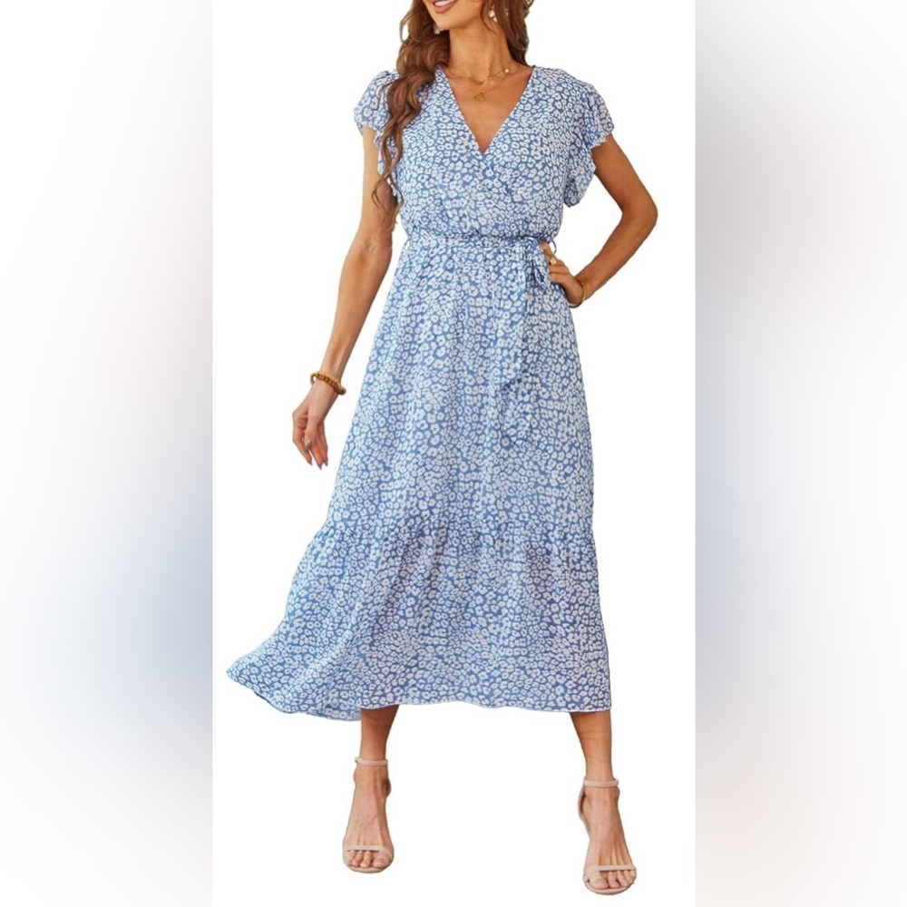 Blue Floral V-Neck Midi Dress